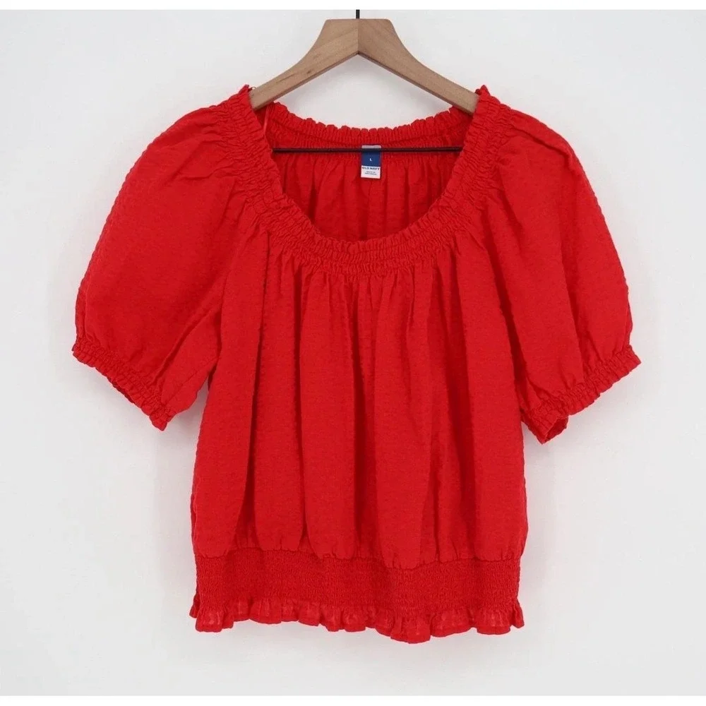 (A10) Old Navy Womens Red Smocked Square Neck Puff Sleeve Textured Top Large